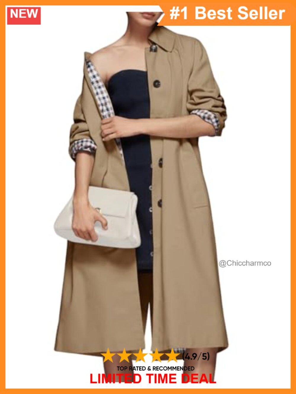 Women's Long Trench Coat Single Breasted Plaid Lined Oversized Windproof